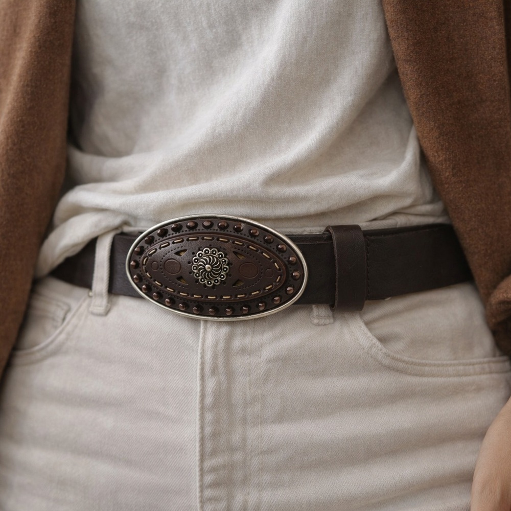 Dark Brown Leather Belt | Size 100cm | Statement Buckle | Medium/Thick Width